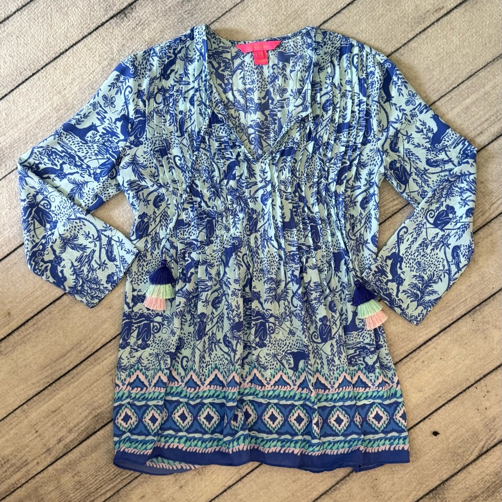 Lilly Pulitzer Marilina Tunic, Shoreline Blue, Safari As I Can See - Size XXS,